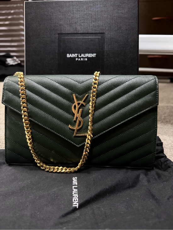 Saint Laurent Handbags - Saint Laurent Green Chevron YSL Wallet-On-Chain with Gold Hardware